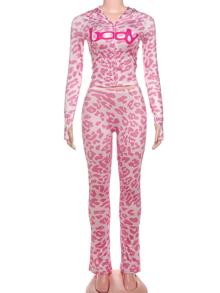 Letter Print 2 Piece Set Women Zip Cardigan Hooded Crop Jacket+Skinny Leggings Hot Girls Wild Sporty Style Outfits