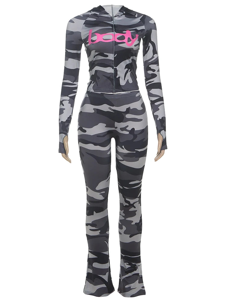 Letter Print 2 Piece Set Women Zip Cardigan Hooded Crop Jacket+Skinny Leggings Hot Girls Wild Sporty Style Outfits