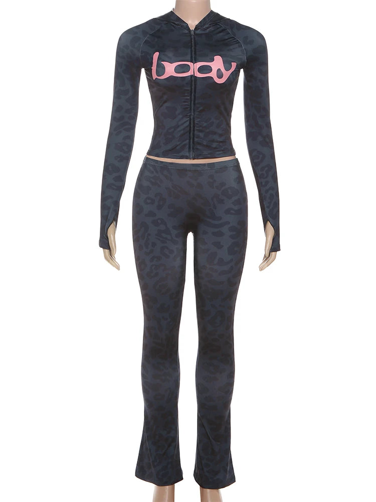 Letter Print 2 Piece Set Women Zip Cardigan Hooded Crop Jacket+Skinny Leggings Hot Girls Wild Sporty Style Outfits