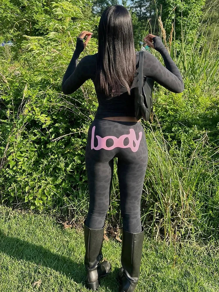 Letter Print 2 Piece Set Women Zip Cardigan Hooded Crop Jacket+Skinny Leggings Hot Girls Wild Sporty Style Outfits